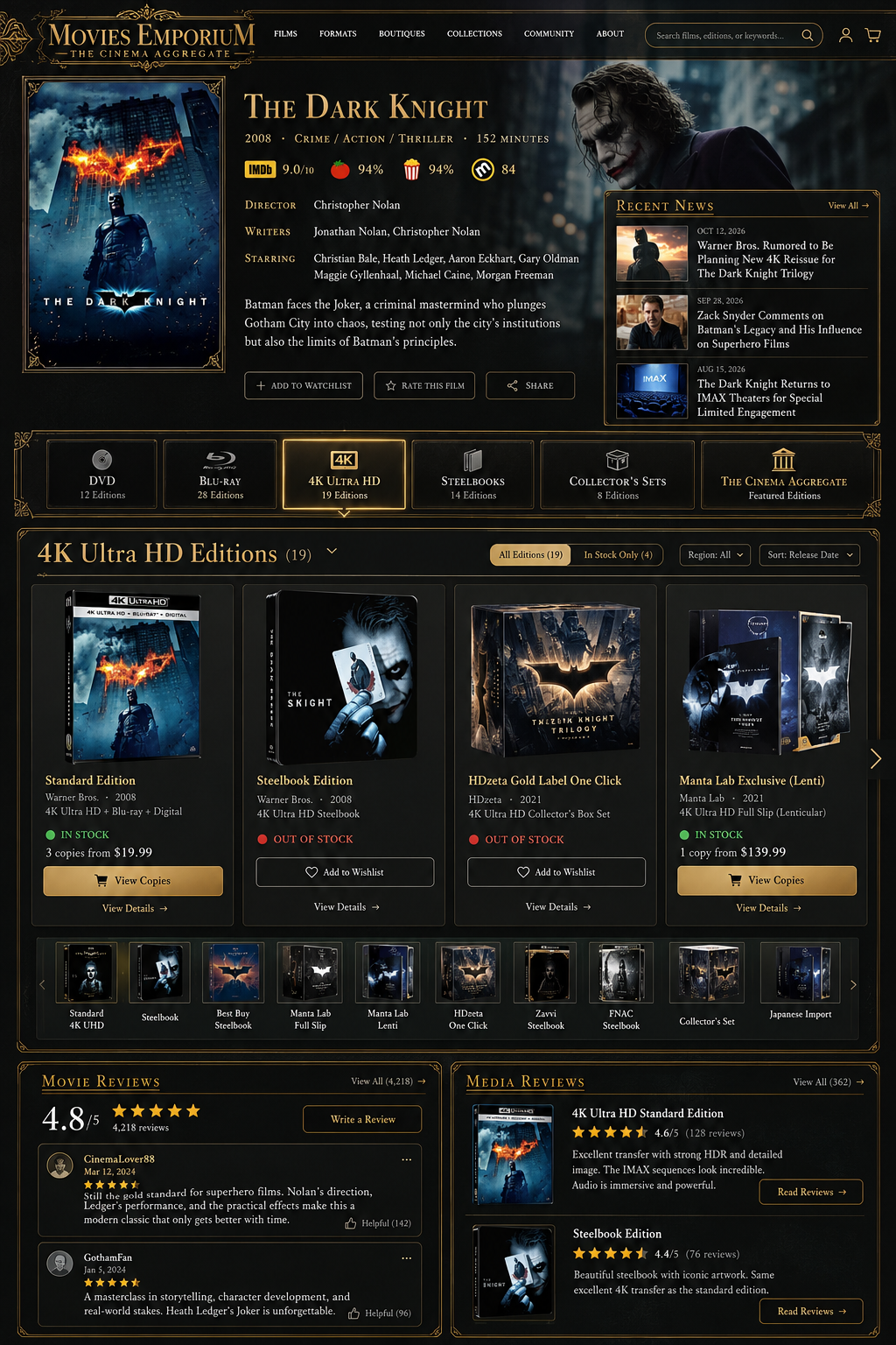 Concept interface showing a film page with multiple editions, availability, reviews, and collector information