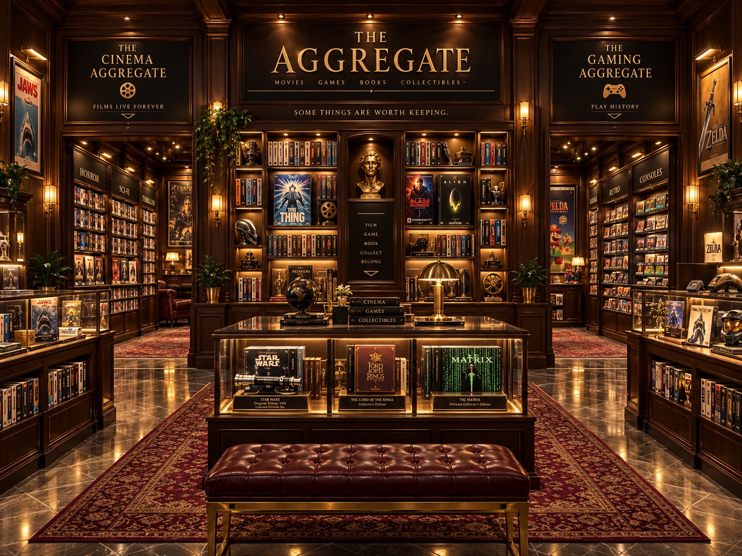 A warm dark-wood retail room filled with movies, games, and collectibles