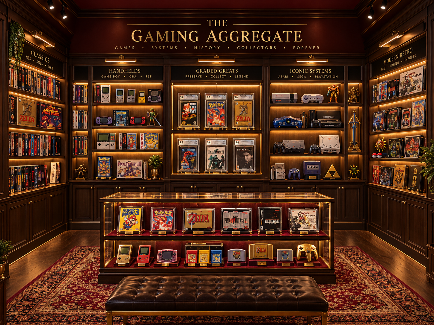 A heritage-style room exhibiting classic and modern video games and consoles
