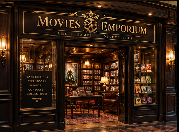 A richly appointed Movies Emporium storefront rendered in dark wood and brass